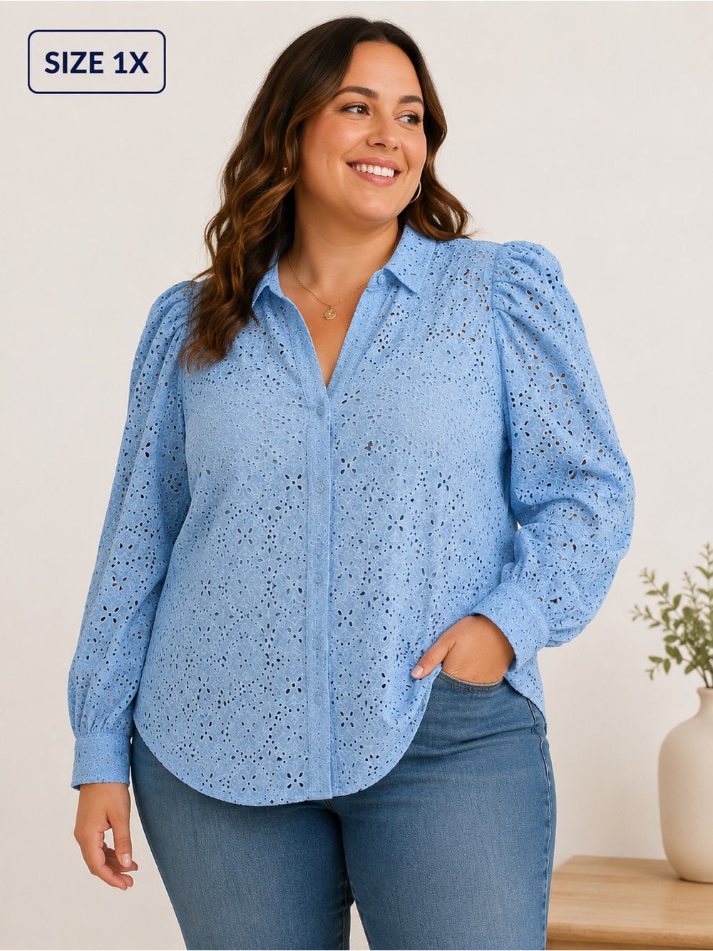On 34th Eyelet Button-Front Blouse – Size XL